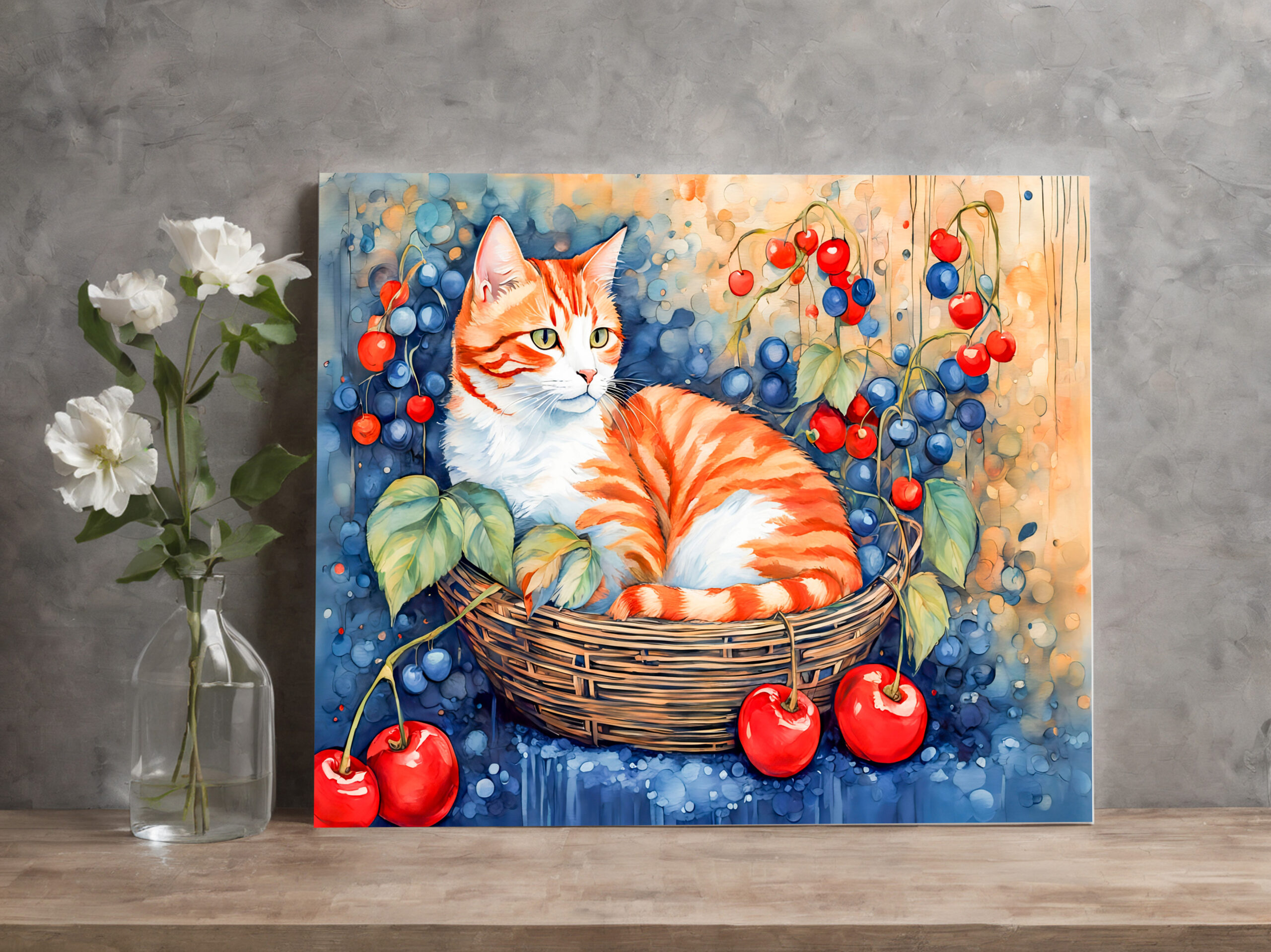 raxxa Canva: Watercolor Cat in Basket with Cherries