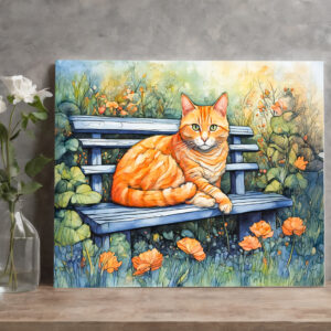 raxxa Canva: Watercolor of Cat on Bench in Flower Garden