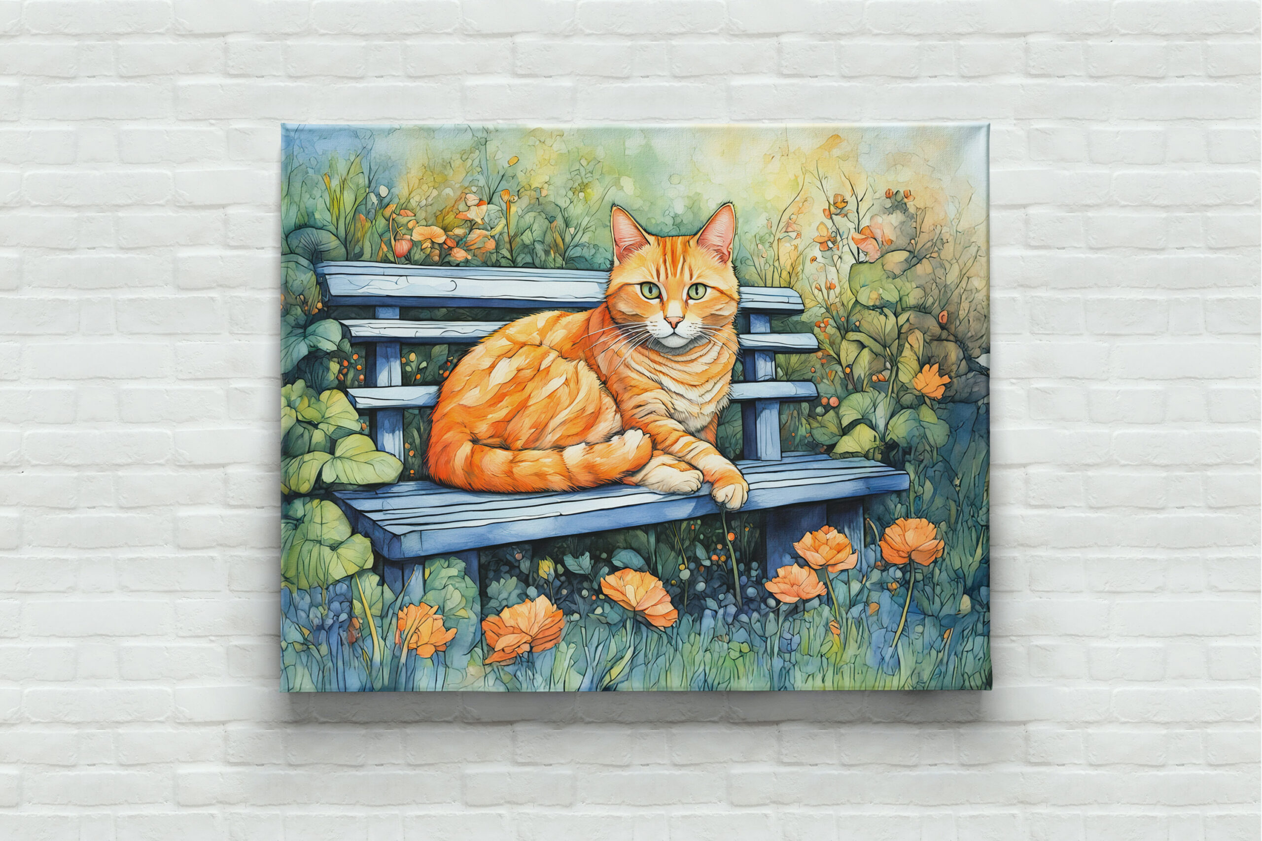 raxxa Canva: Watercolor of Cat on Bench in Flower Garden - Imagen 2