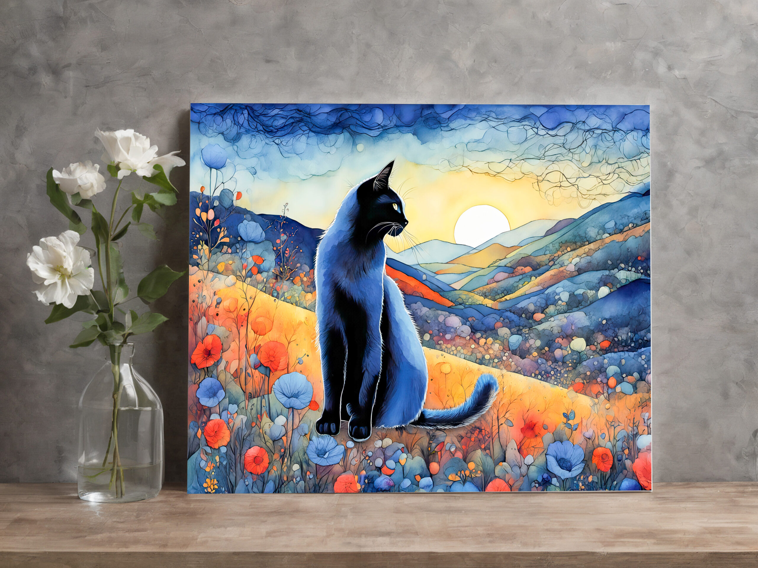 raxxa Canva: Watercolor Black Cat in Sunset Hills