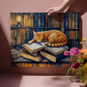 raxxa Canva: Watercolor Orange Cat Sleeping on Books