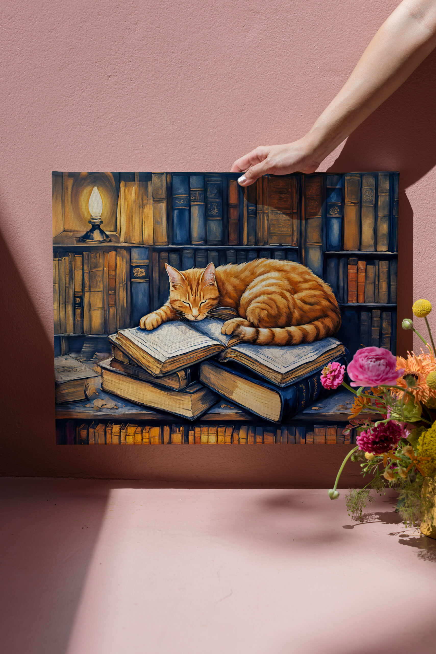 raxxa Canva: Watercolor Orange Cat Sleeping on Books