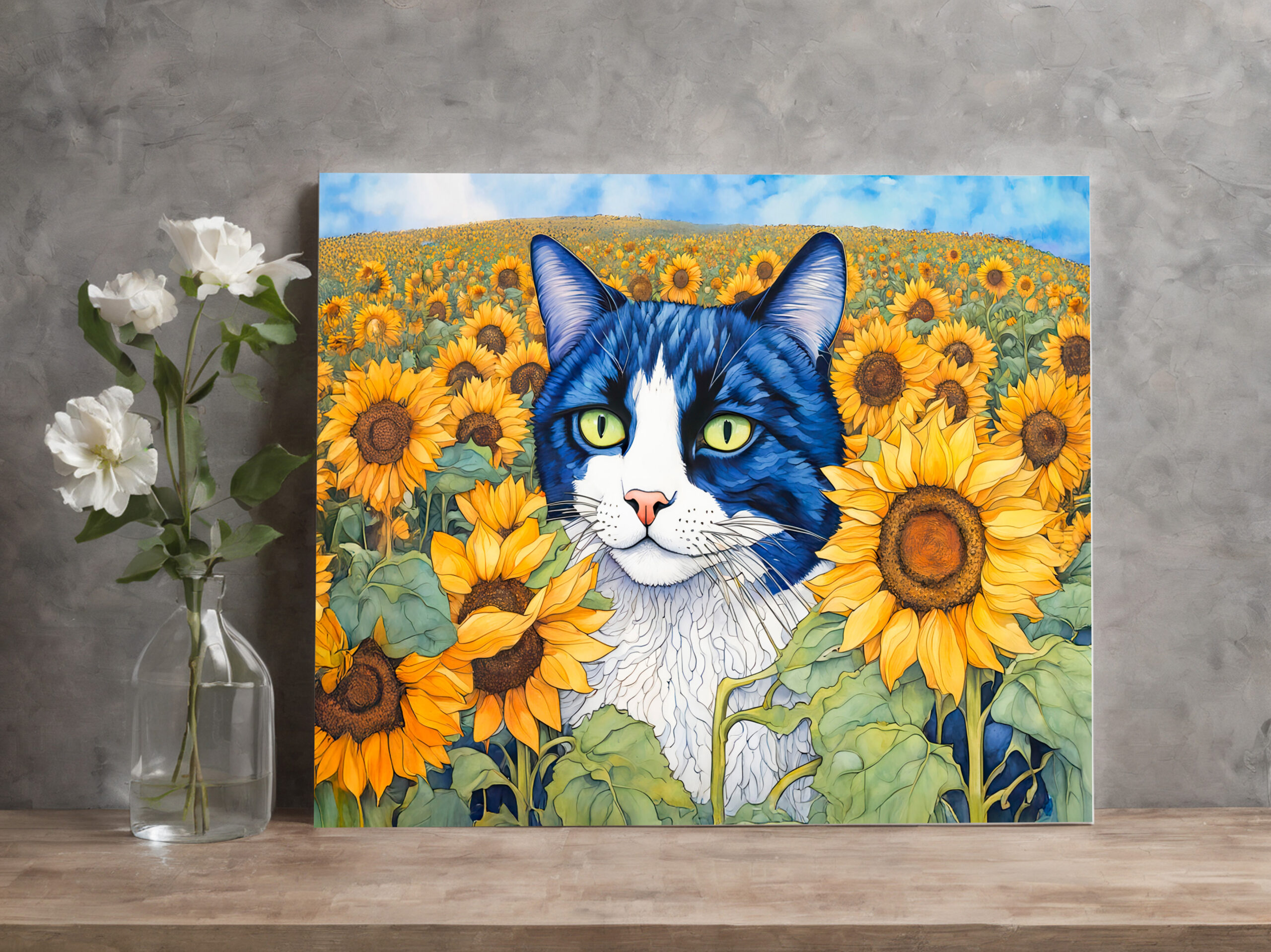 raxxa Canva: Watercolor Blue-Eyed Cat in Sunflowers