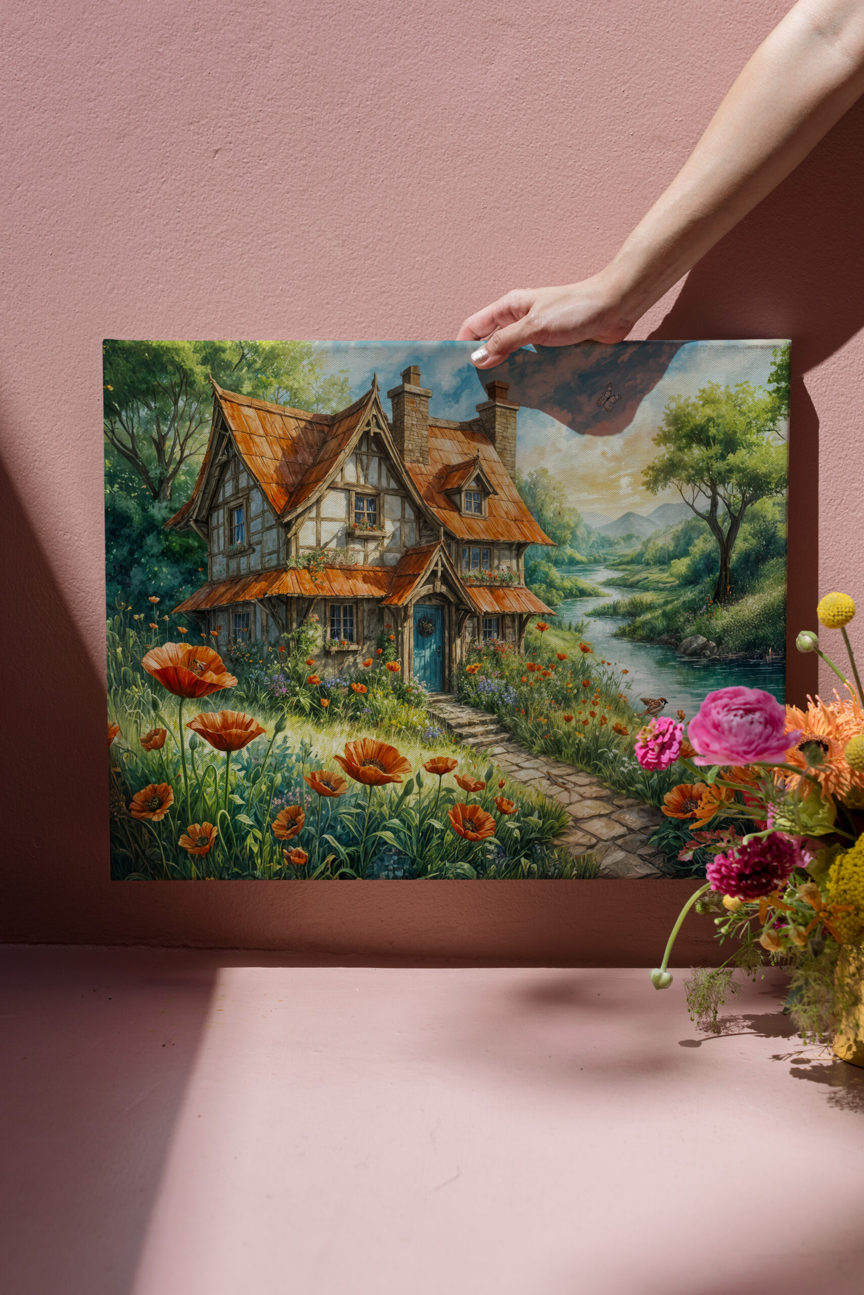 raxxa Canva: Whimsical Cottage with Poppy Flowers