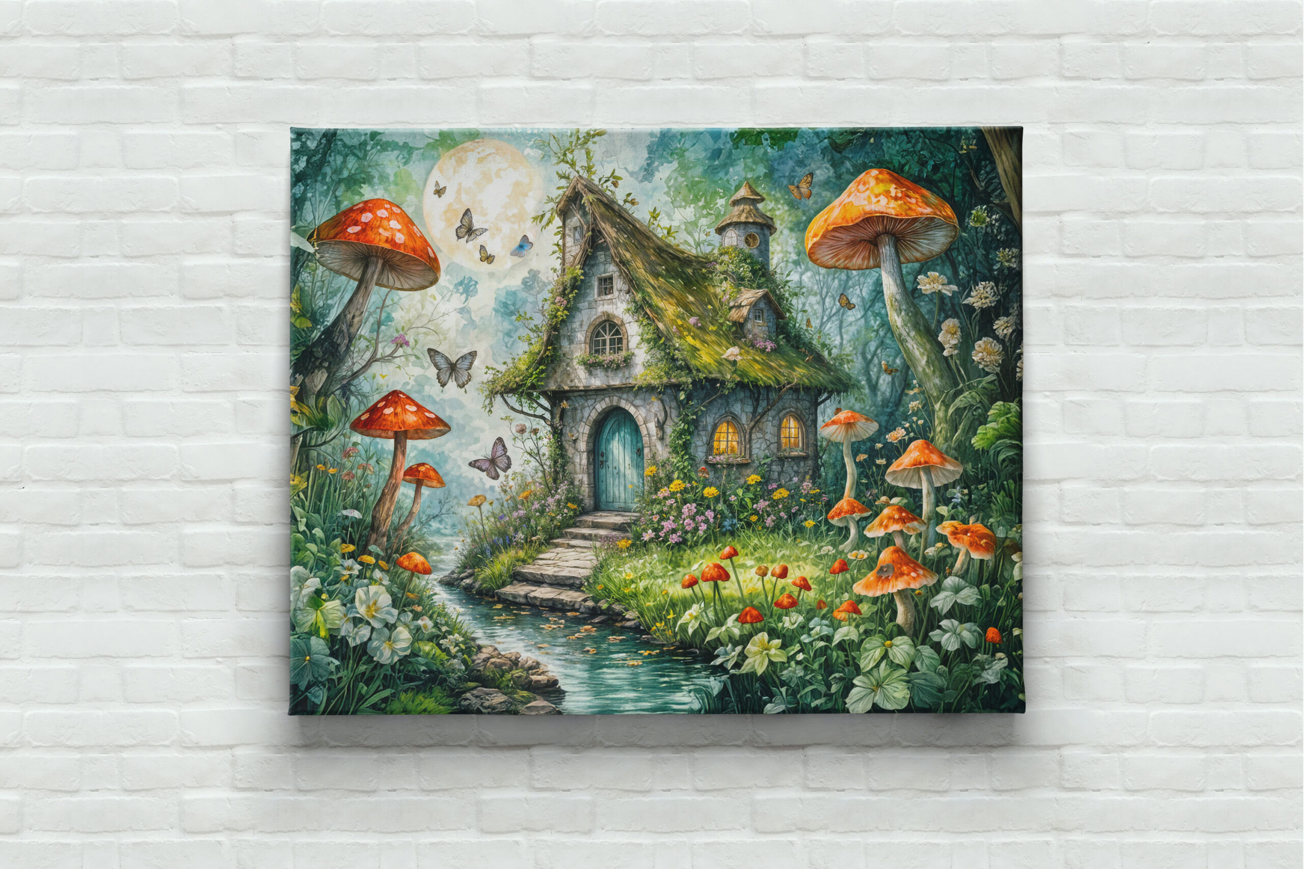 raxxa Canva: Whimsical Cottage by Stream with Giant Red Mushrooms - Imagen 3