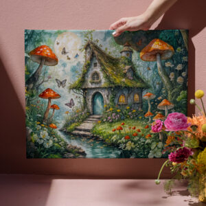 raxxa Canva: Whimsical Cottage by Stream with Giant Red Mushrooms