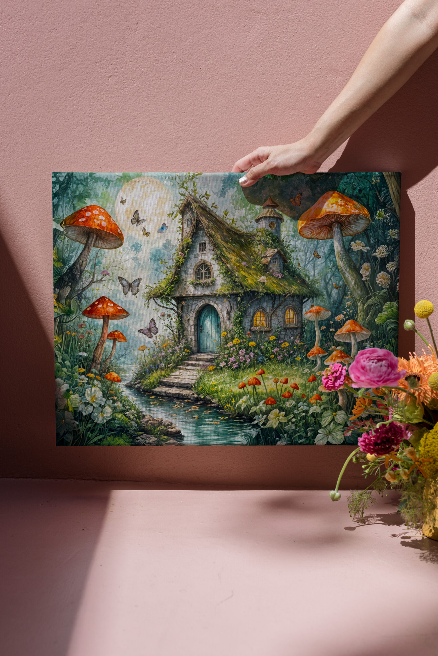 raxxa Canva: Whimsical Cottage by Stream with Giant Red Mushrooms