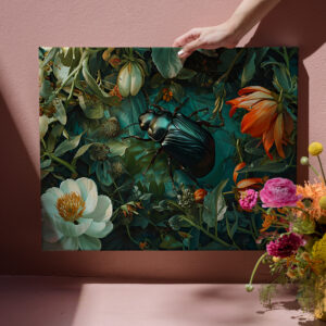 raxxa Canva: Fat Dung Beetle Between Dahlia Blooms Illustration