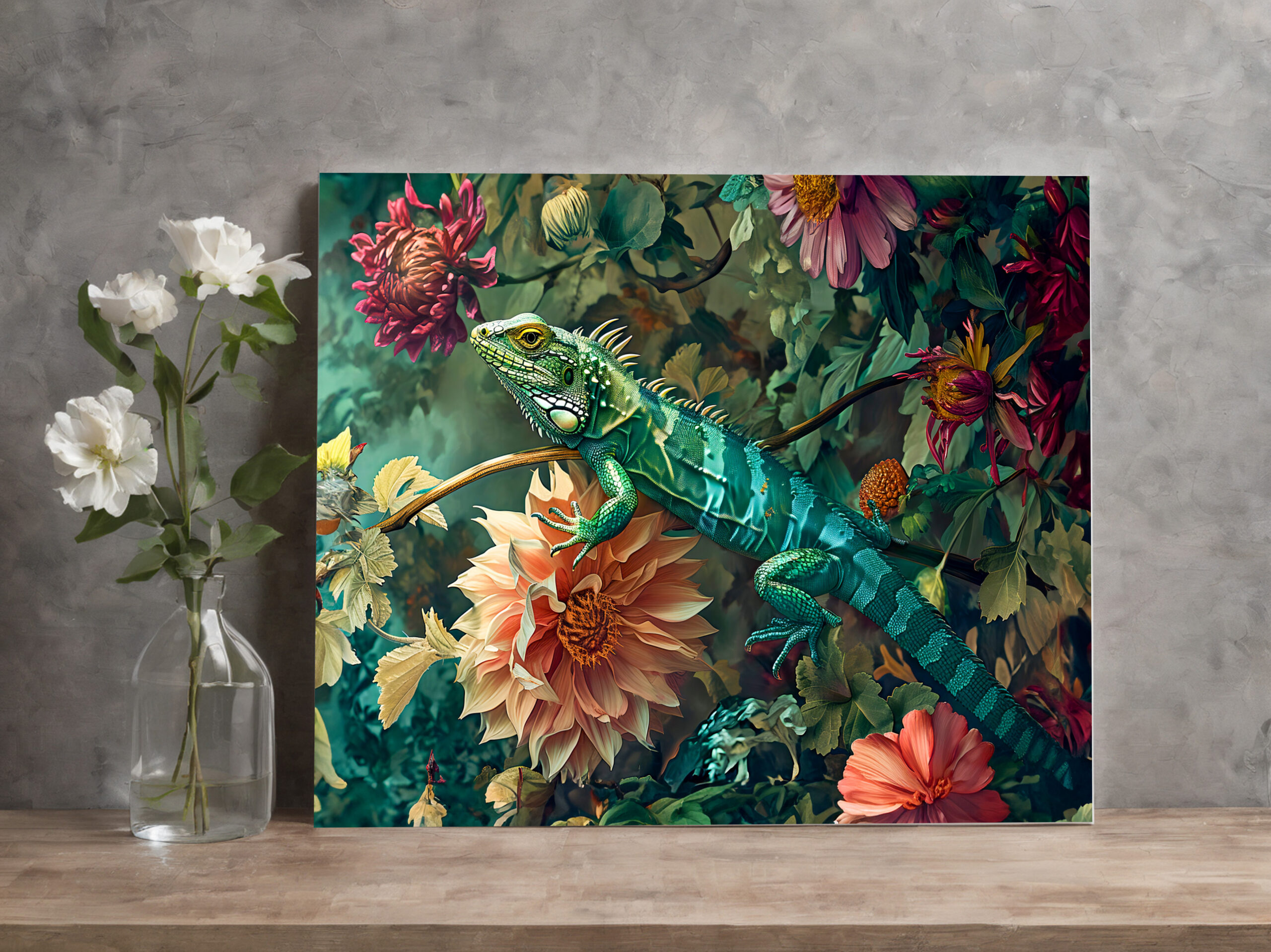 raxxa Canva: Lizard Between Dahlia Blooms Garden Illustration - Imagen 2