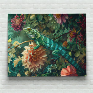 raxxa Canva: Lizard Between Dahlia Blooms Garden Illustration