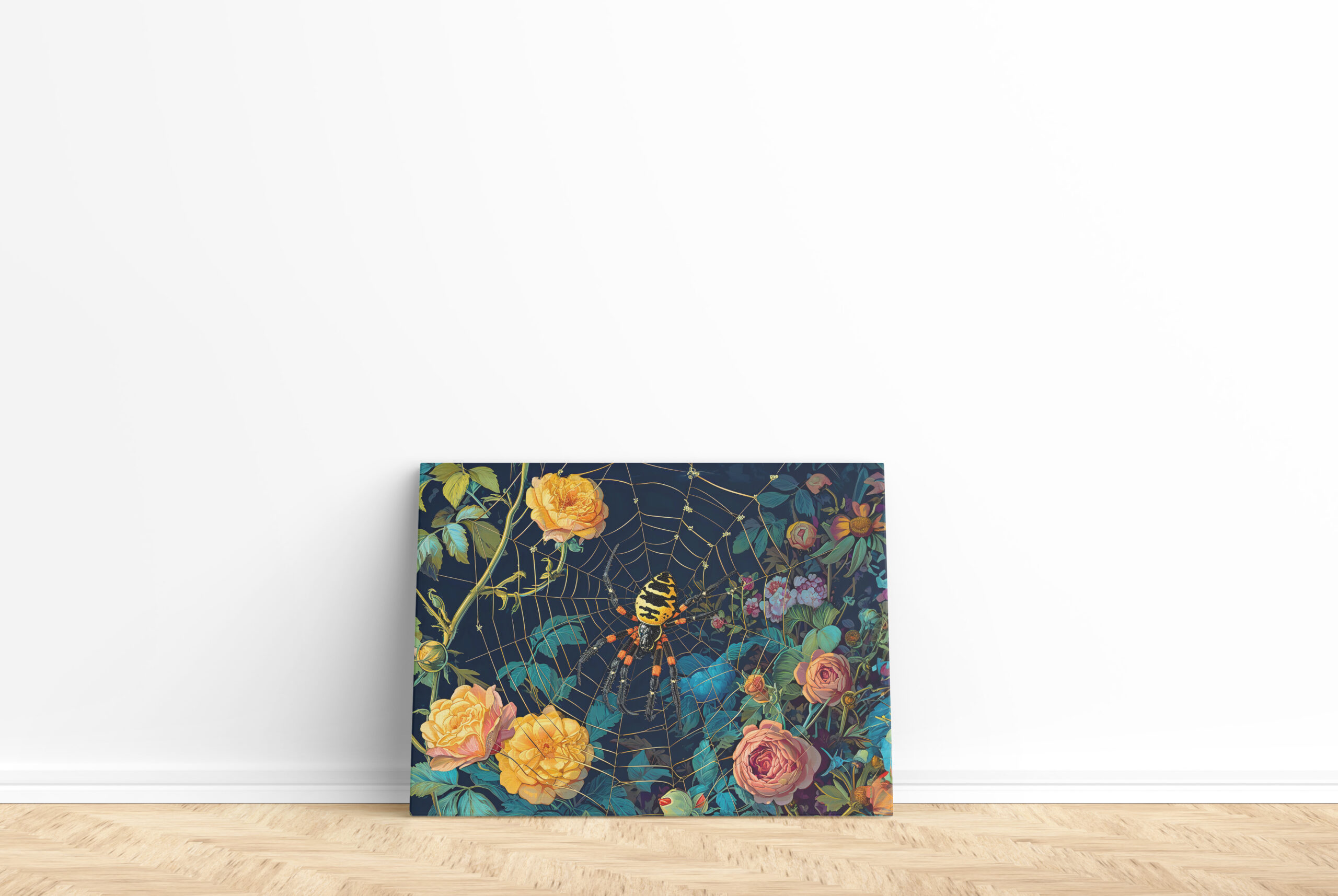 raxxa Canva: Wasp Spider in a Web Between Rose Hedge Illustration - Imagen 2