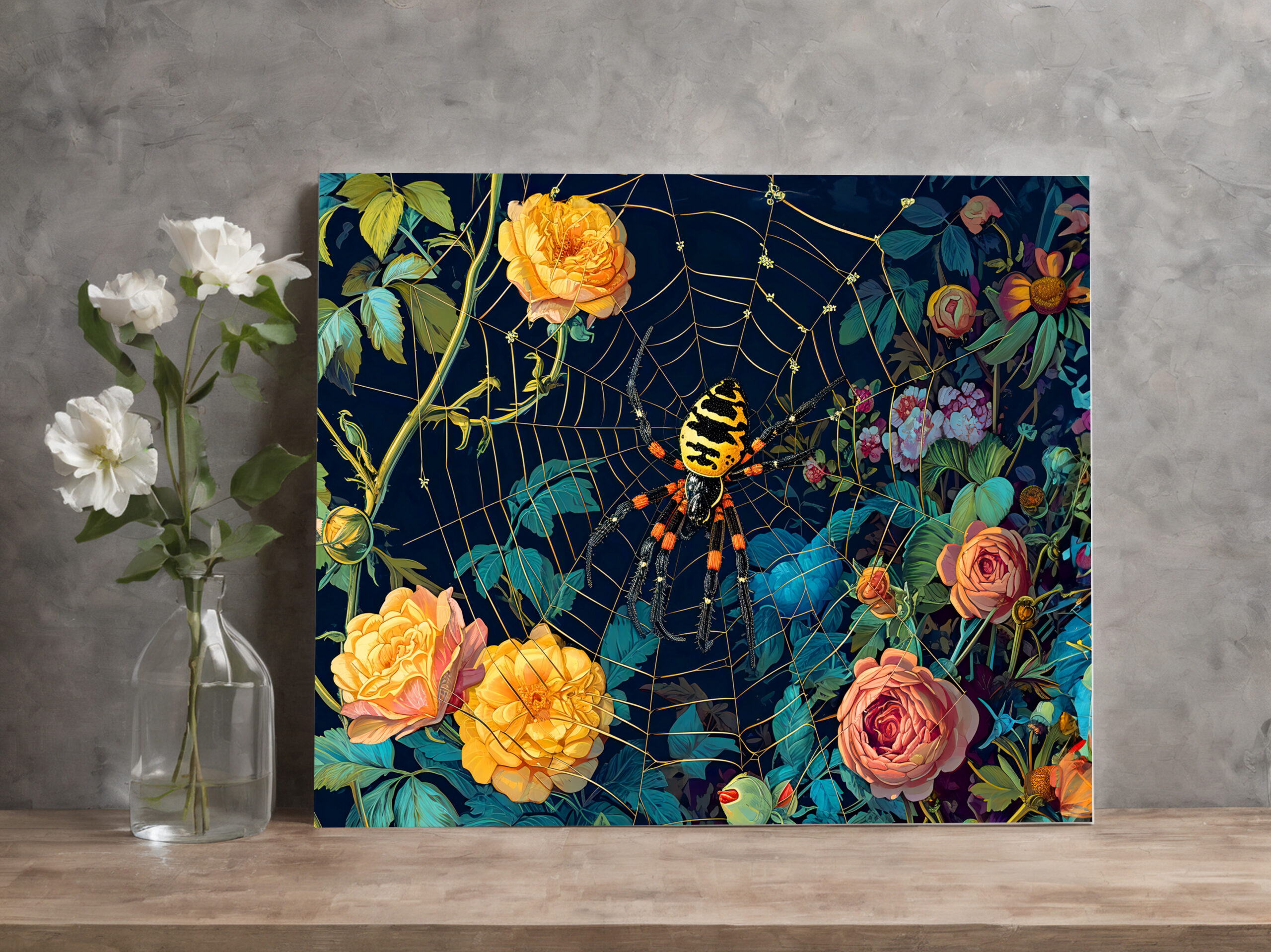 raxxa Canva: Wasp Spider in a Web Between Rose Hedge Illustration - Imagen 3