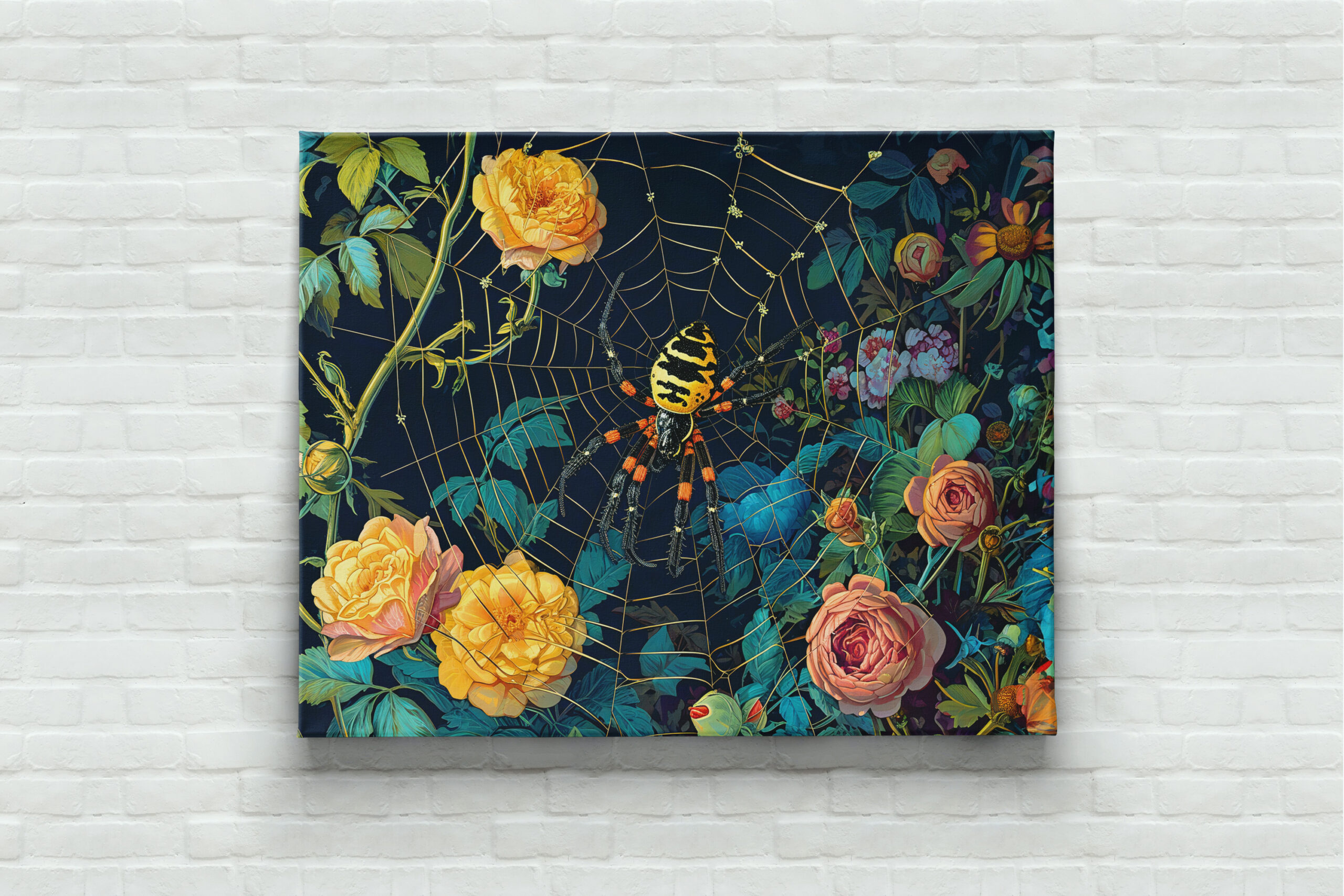 raxxa Canva: Wasp Spider in a Web Between Rose Hedge Illustration