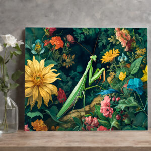 raxxa Canva: Praying Mantis with Dahlias and Other Garden Blooms Illustration
