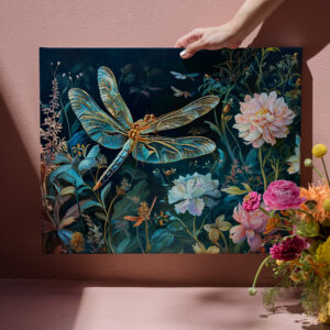 raxxa Canva: Dragonfly at Night in a Garden with Peonies and Grasses Illustration