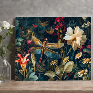 raxxa Canva: Dragonfly in a Garden with Daisies and Lilies Illustration