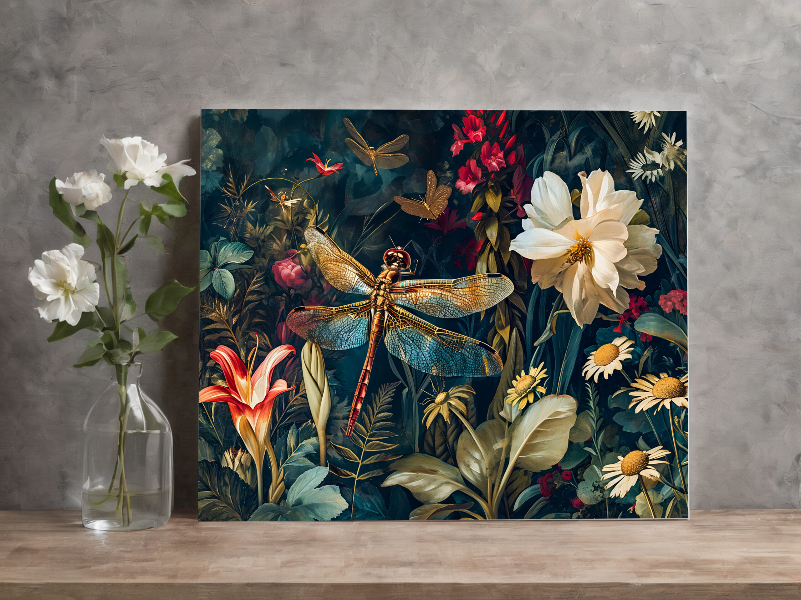 raxxa Canva: Dragonfly in a Garden with Daisies and Lilies Illustration