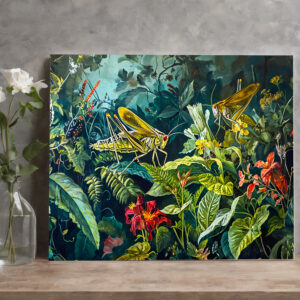 raxxa Canva: Green Grasshoppers in an Herb Garden Illustration