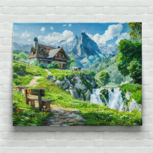 raxxa Canva: Alpine Cottage by Mountain Waterfall