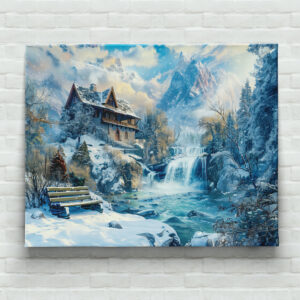 raxxa Canva: Mountain Cottage by Waterfall in Winter Illustration