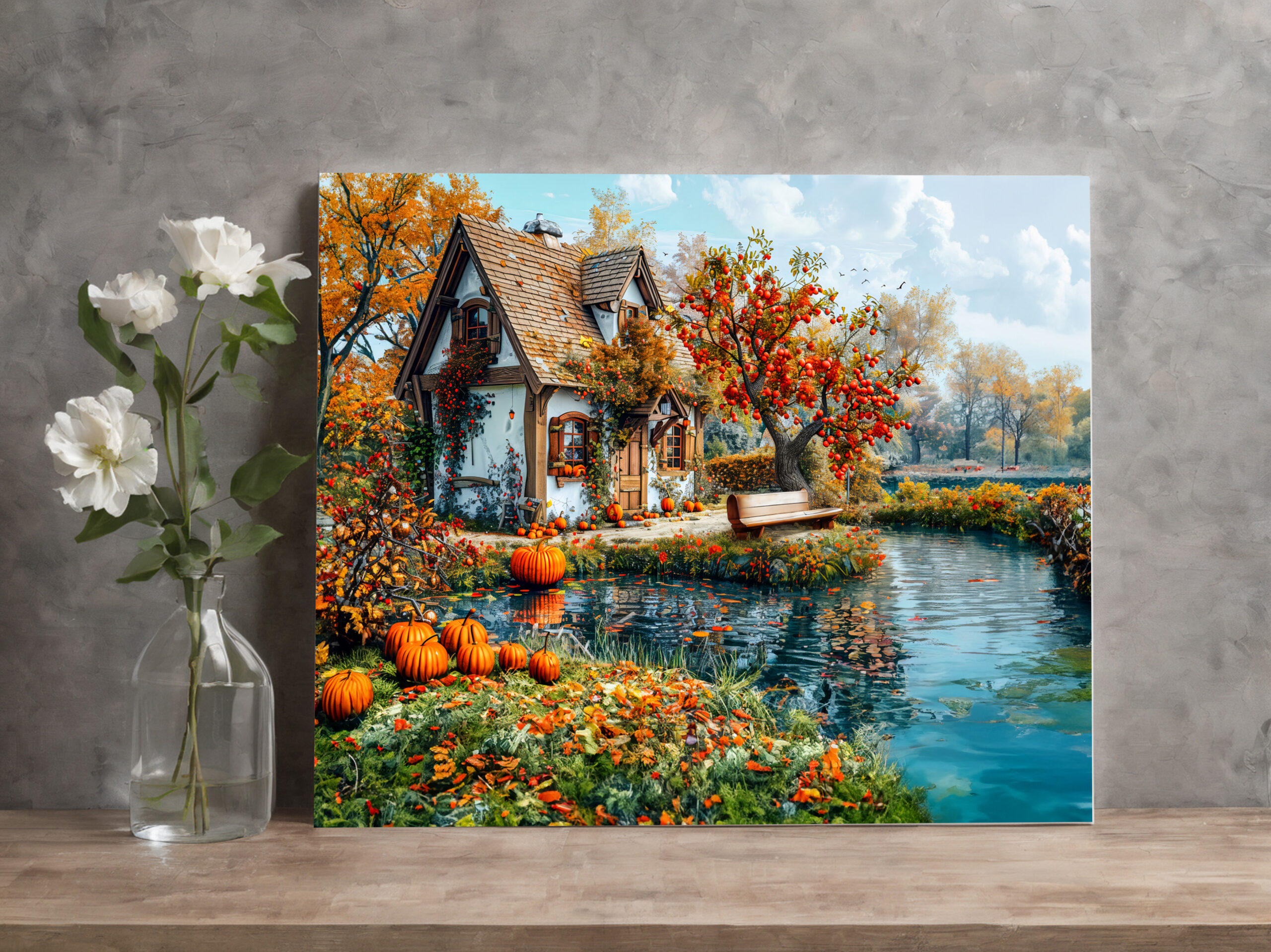 raxxa Canva: Cozy Lakeside Cottage in Autumn Illustration - Imagen 2