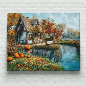 raxxa Canva: Cozy Lakeside Cottage in Autumn Illustration
