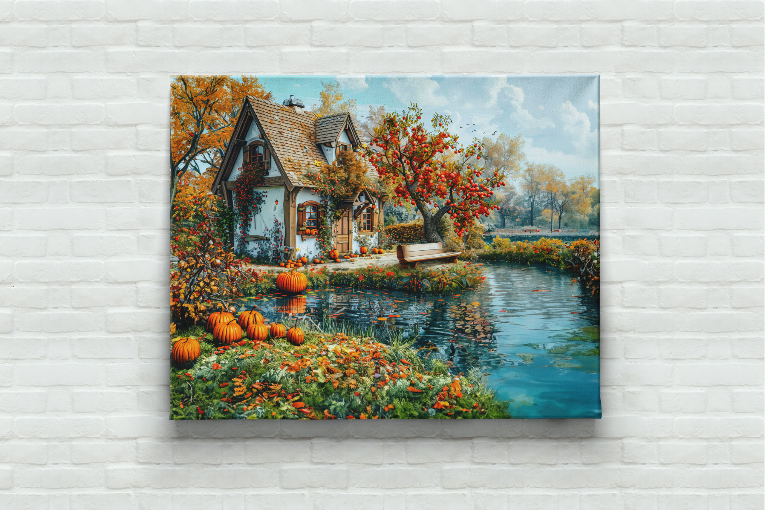 raxxa Canva: Cozy Lakeside Cottage in Autumn Illustration