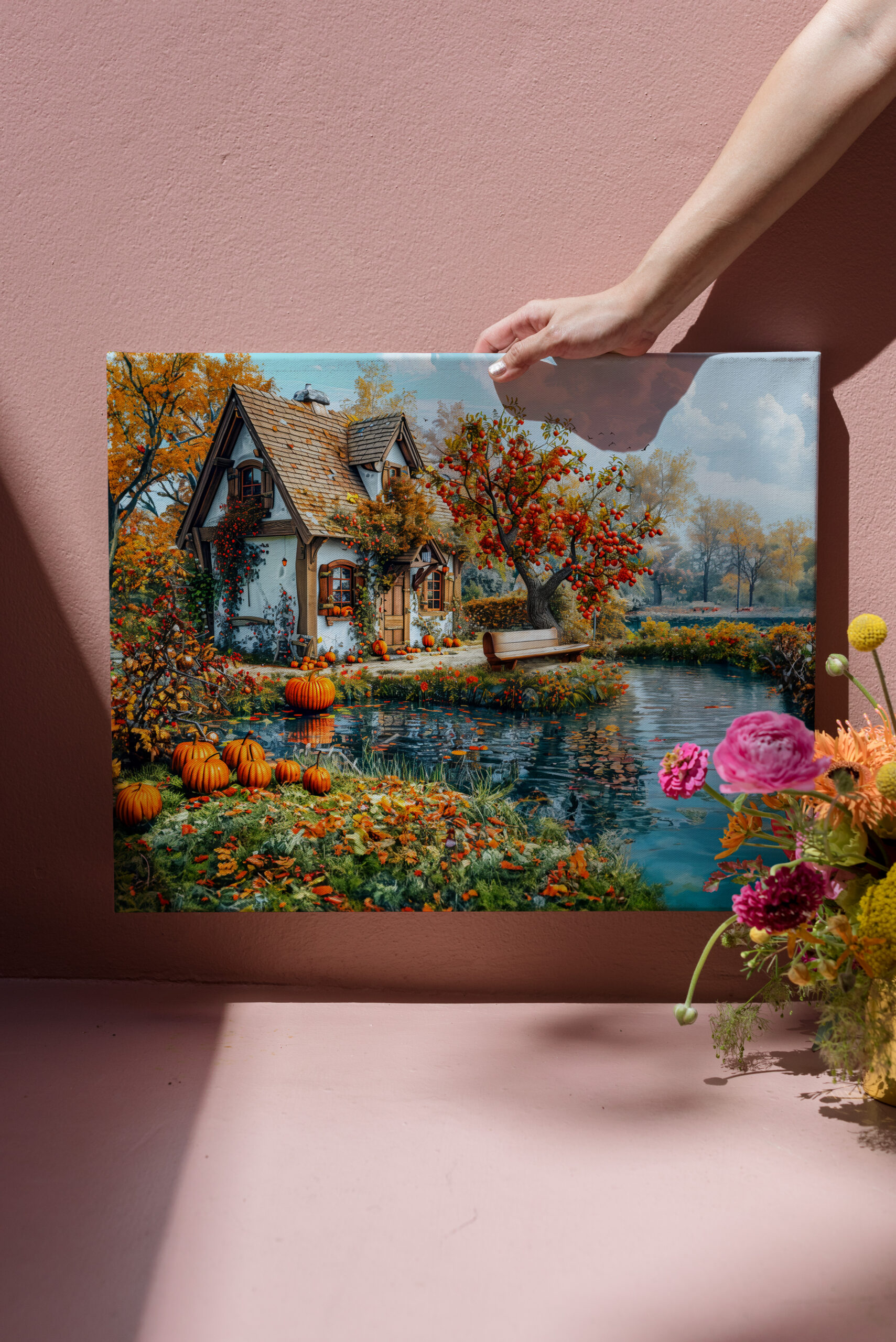 raxxa Canva: Cozy Lakeside Cottage in Autumn Illustration - Imagen 3