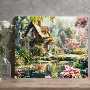 raxxa Canva: Whimsical Cottage with Rhododendrons and Pond
