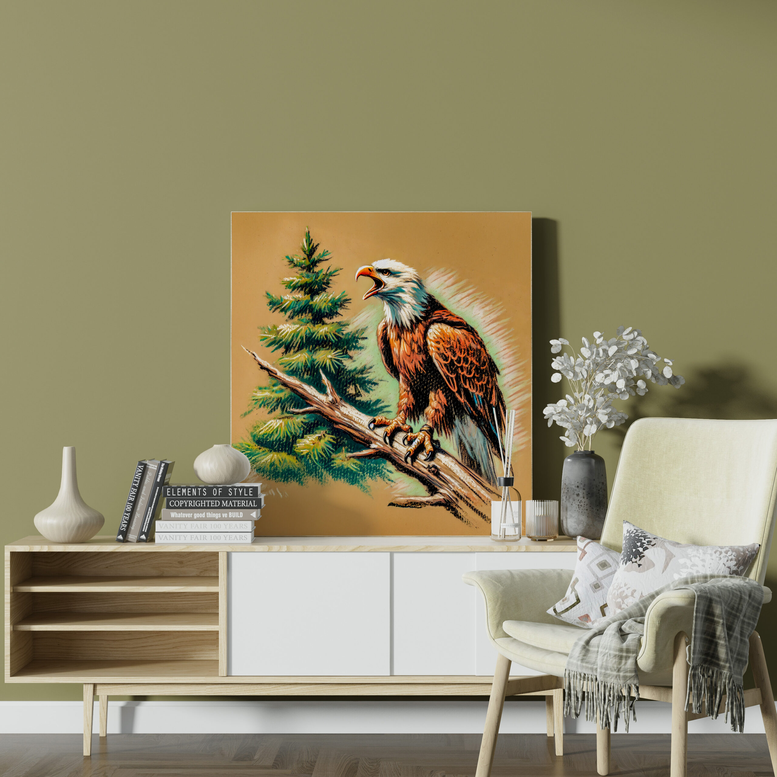 raxxa Canva: Eagle Calling into the Forest Pastel Chalk Drawing - Imagen 3