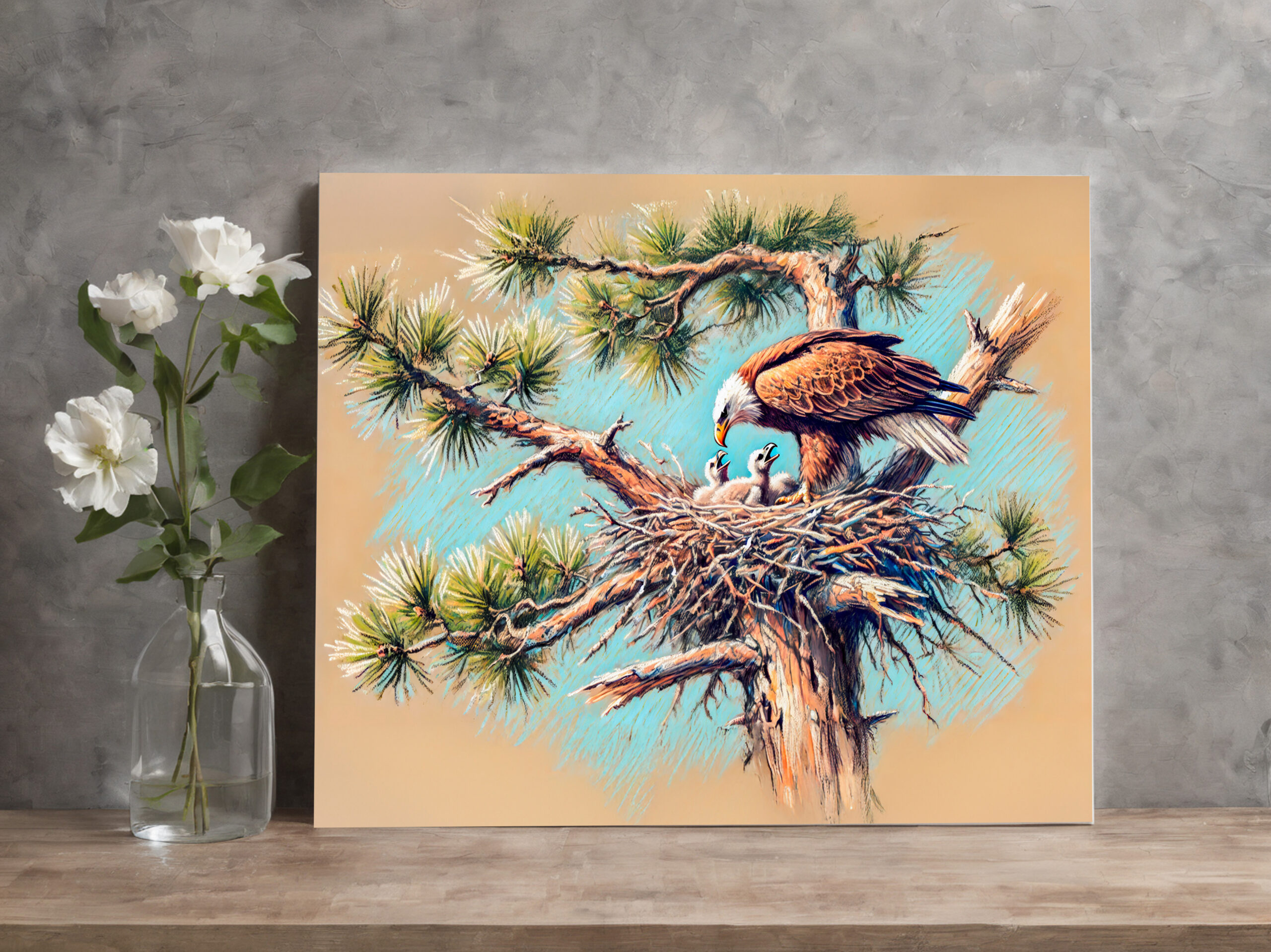 raxxa Canva: Eagle Feeding Young in Nest on Pine Tree Pastel Chalk Drawing - Imagen 2