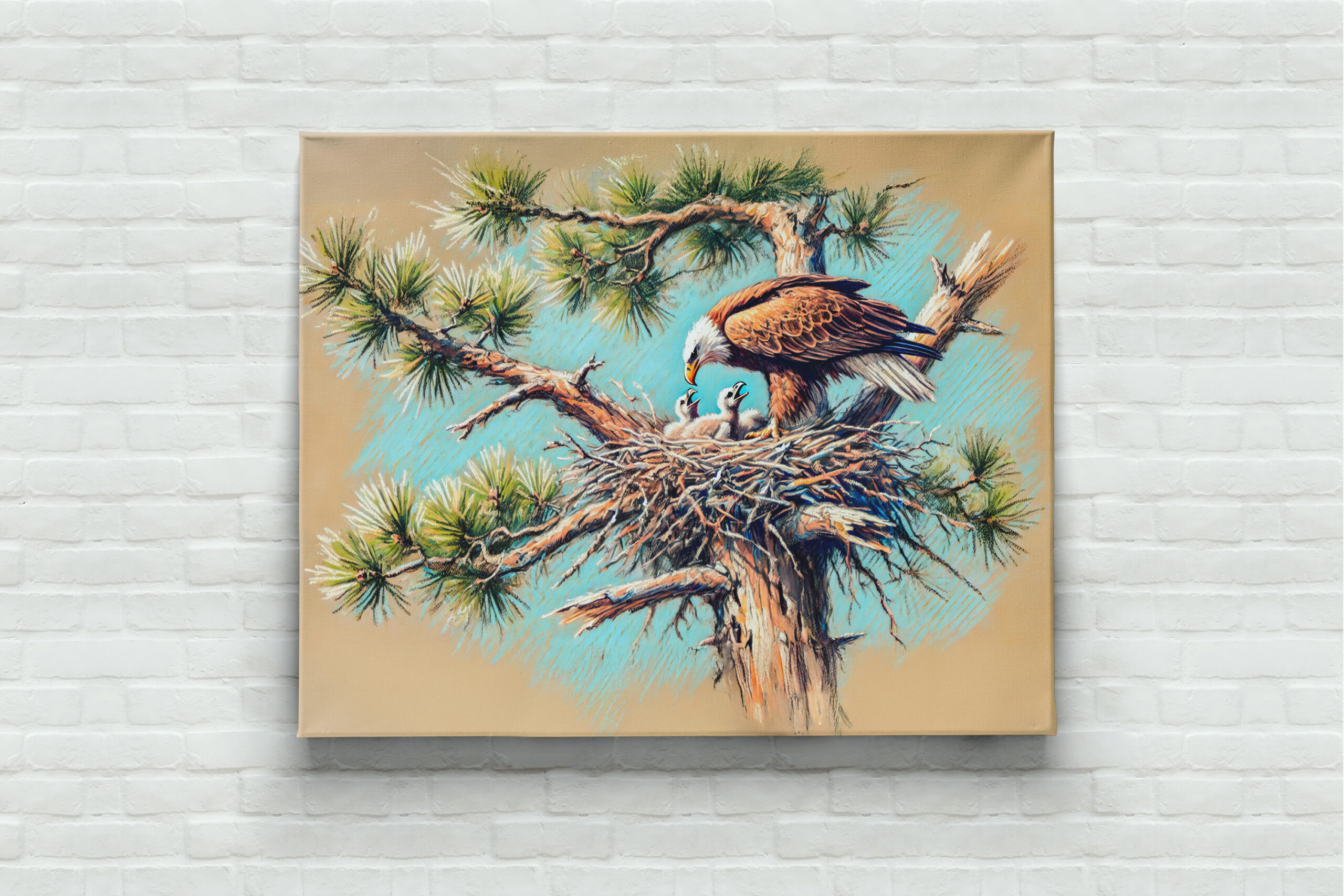 raxxa Canva: Eagle Feeding Young in Nest on Pine Tree Pastel Chalk Drawing - Imagen 3