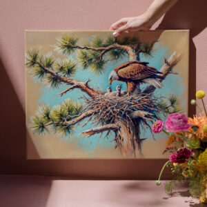 raxxa Canva: Eagle Feeding Young in Nest on Pine Tree Pastel Chalk Drawing