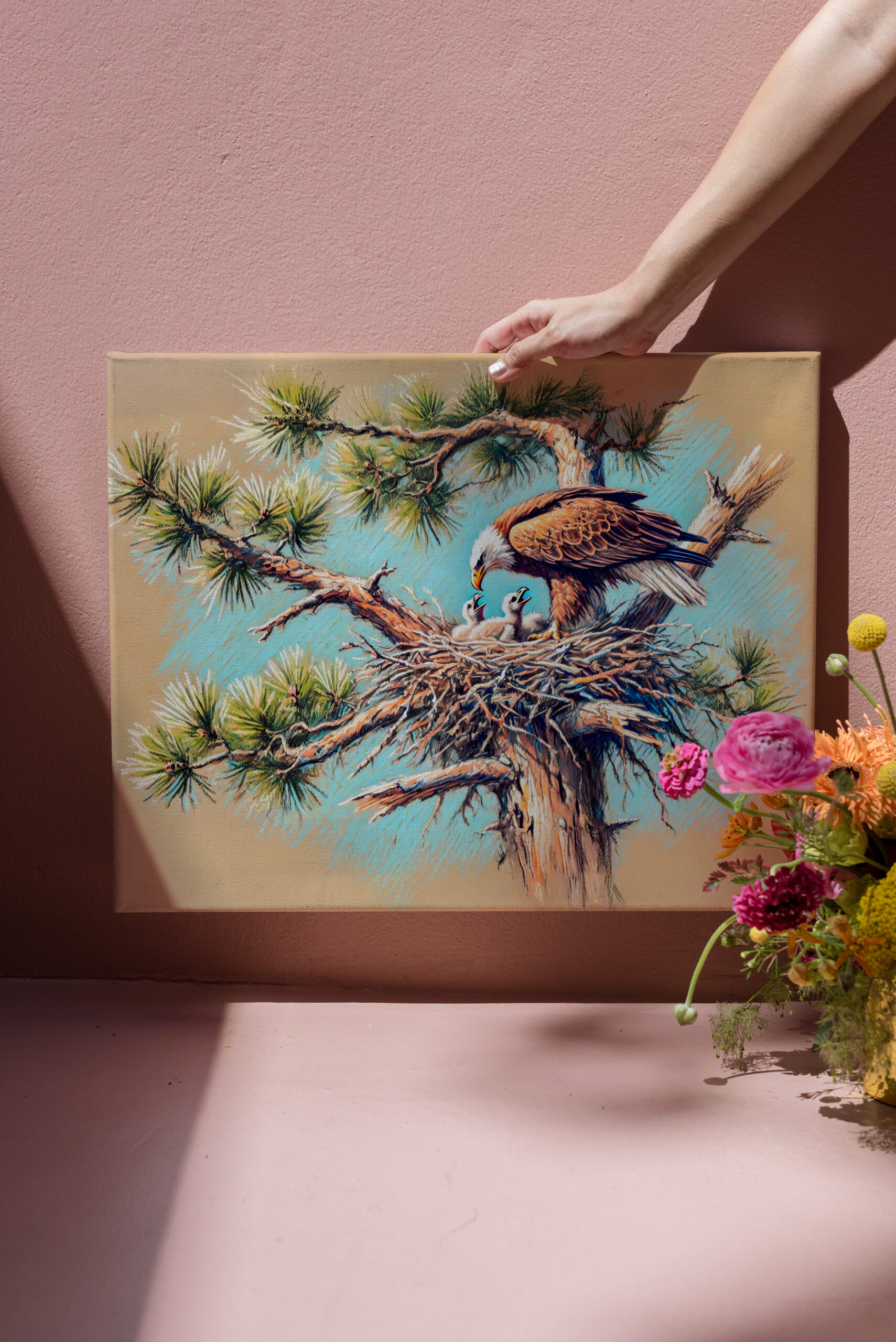 raxxa Canva: Eagle Feeding Young in Nest on Pine Tree Pastel Chalk Drawing