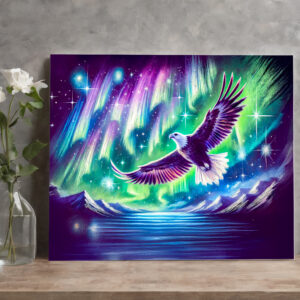 raxxa Canva: Eagle Flying Over Mountain Lake with Northern Lights Pastel Chalk Drawing