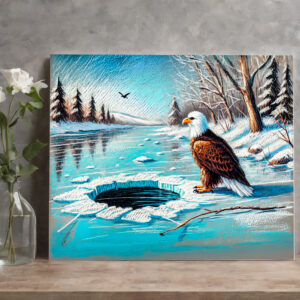 raxxa Canva: Eagle on Frozen River by Ice Hole Pastel Chalk Drawing