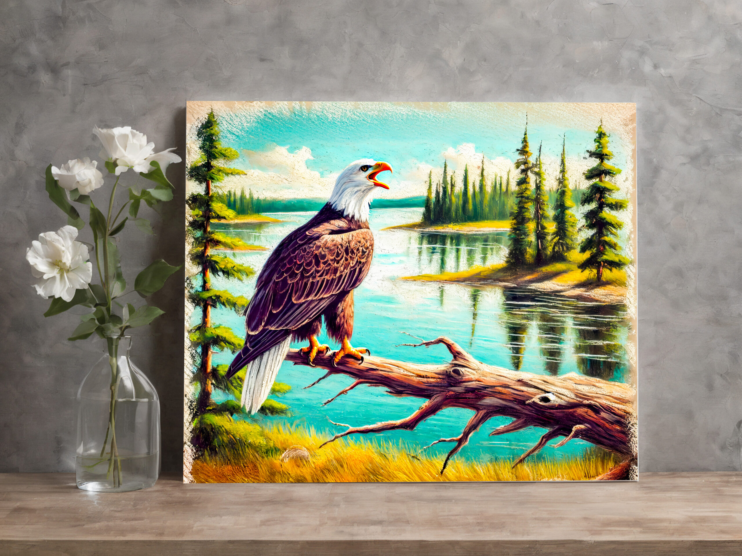 raxxa Canva: Eagle Perched on Branch by Lake Pastel Chalk Drawing – Image 2
