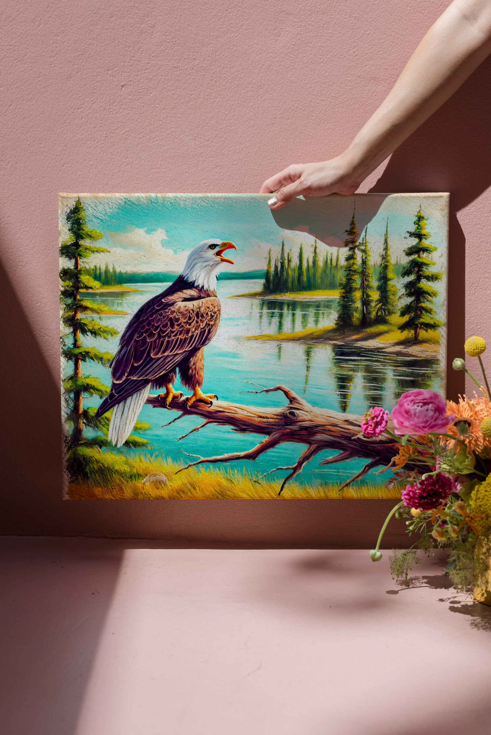 raxxa Canva: Eagle Perched on Branch by Lake Pastel Chalk Drawing