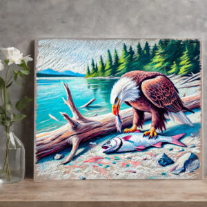 raxxa Canva: Eagle Eating Fish at Riverbank Pastel Chalk Drawing