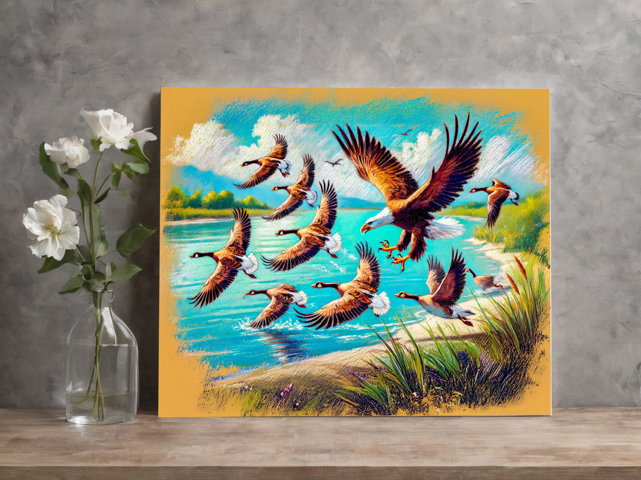 raxxa Canva: Eagle Hunting Wild Geese by Lake Pastel Chalk Drawing