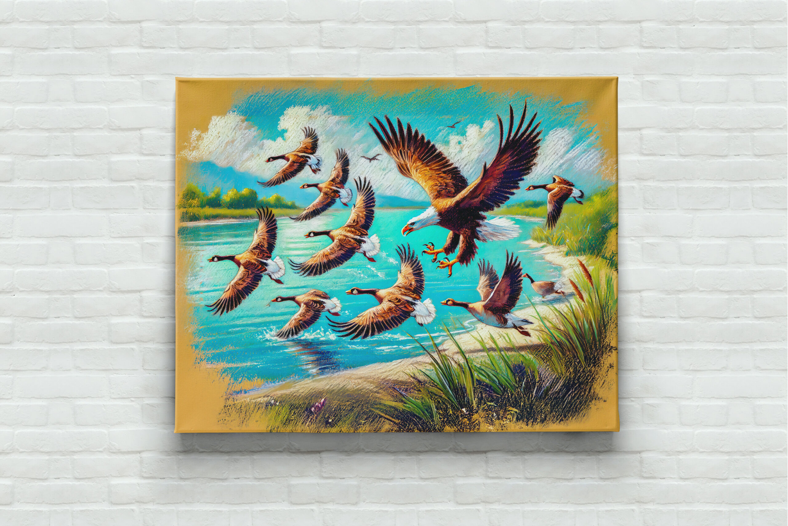 raxxa Canva: Eagle Hunting Wild Geese by Lake Pastel Chalk Drawing – Bild 2