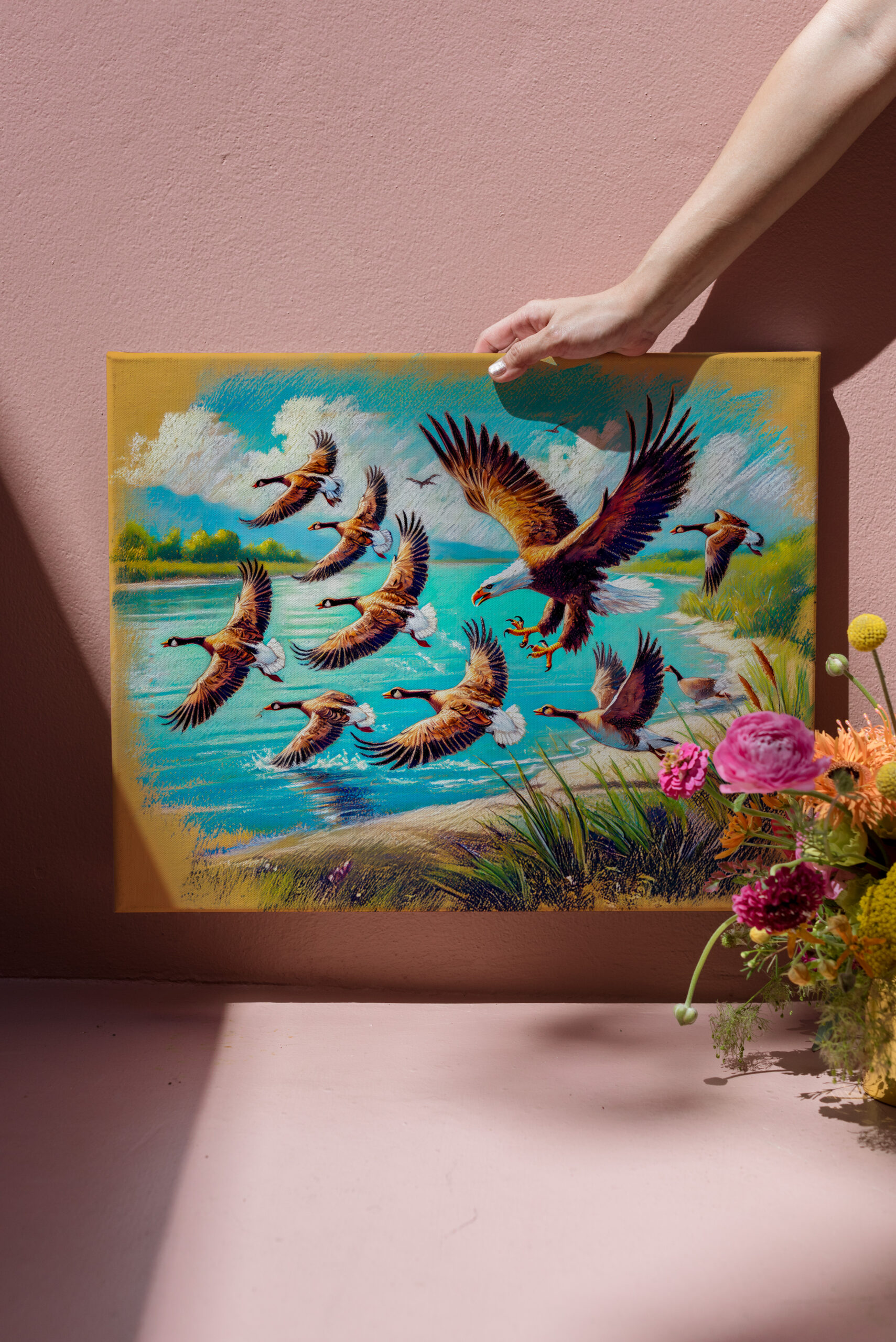 raxxa Canva: Eagle Hunting Wild Geese by Lake Pastel Chalk Drawing – Bild 3