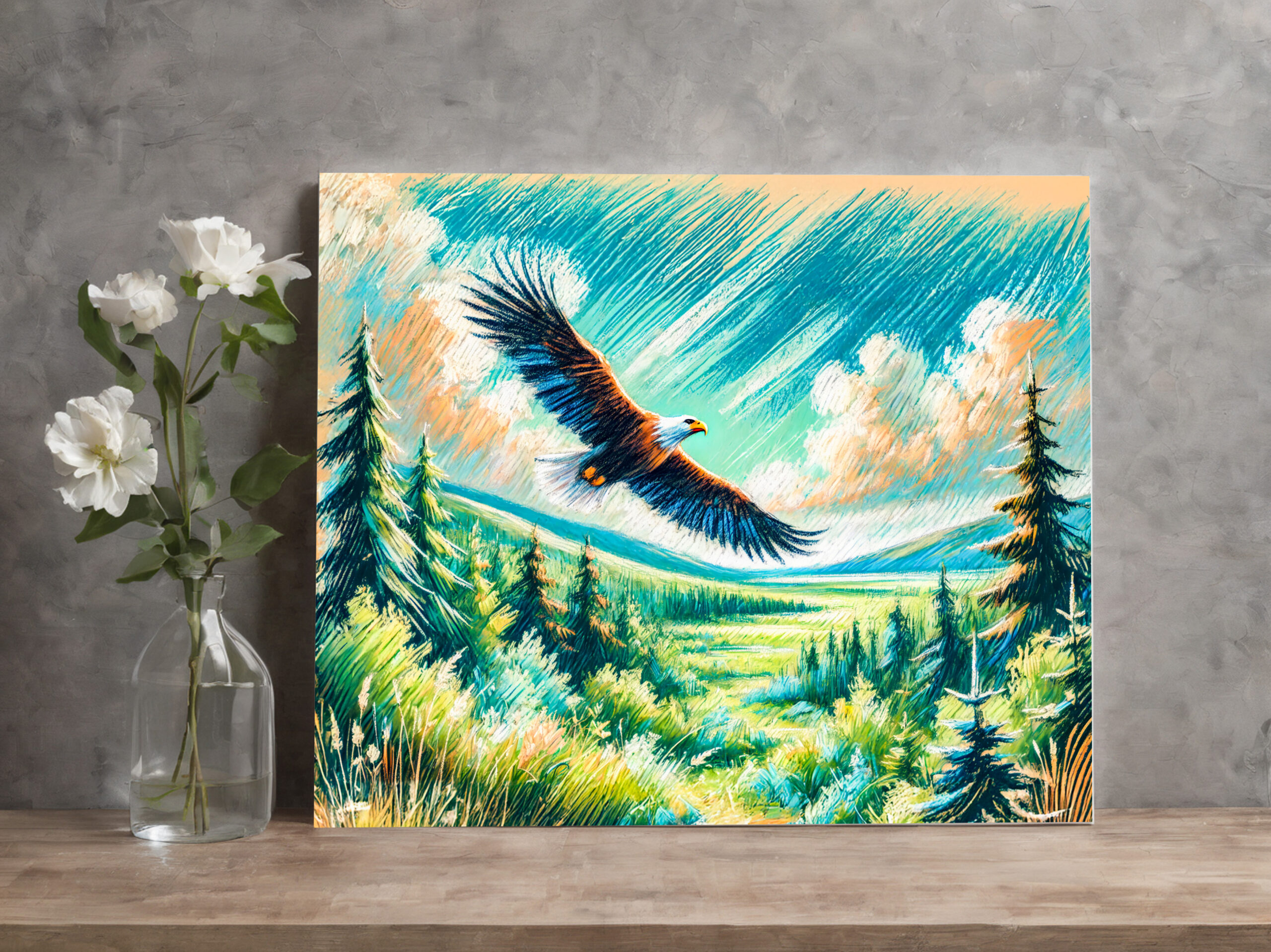 raxxa Canva: Eagle Flying Over Forest Pastel Chalk Drawing – Image 2