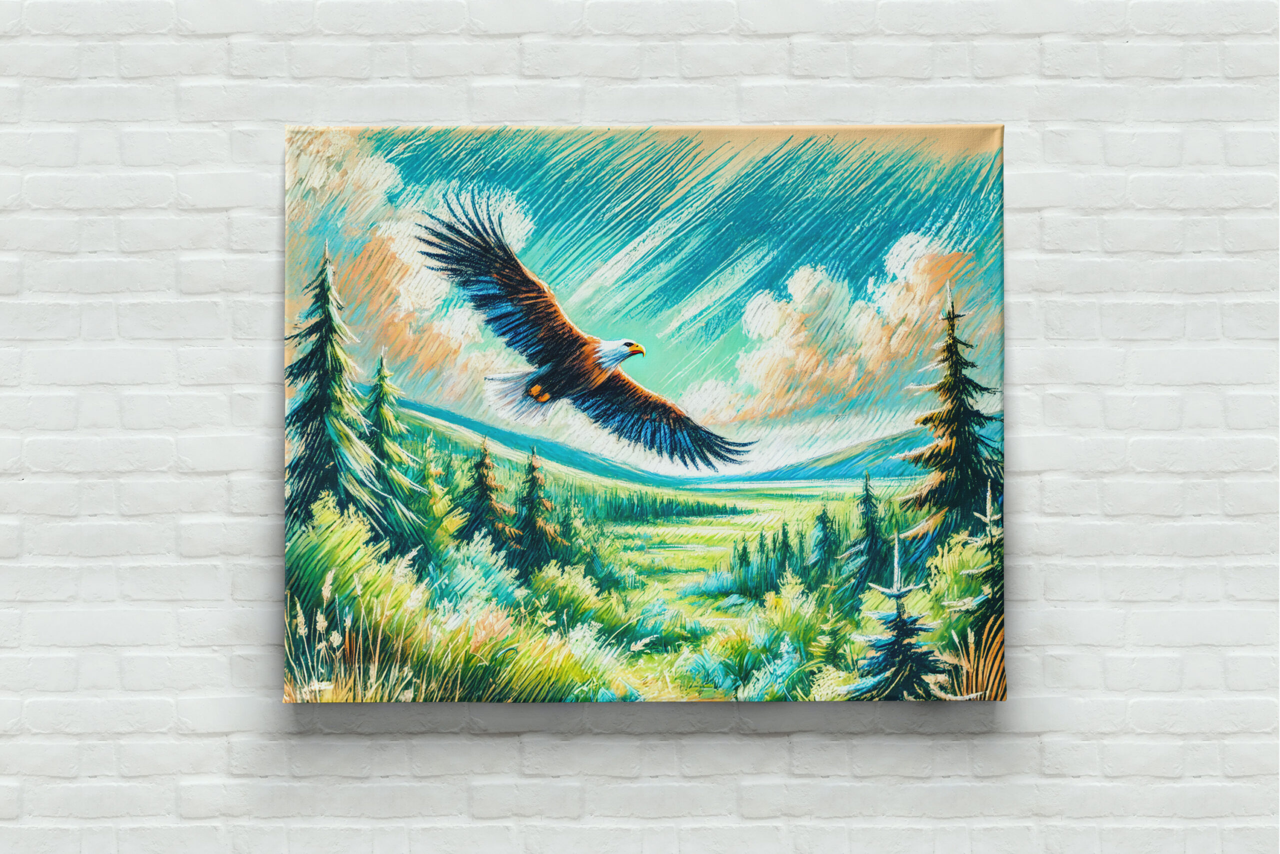 raxxa Canva: Eagle Flying Over Forest Pastel Chalk Drawing – Image 3