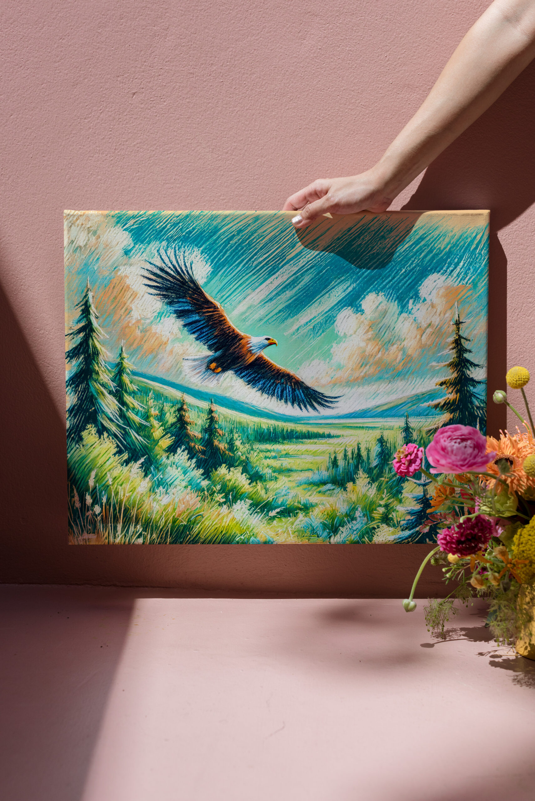 raxxa Canva: Eagle Flying Over Forest Pastel Chalk Drawing