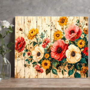 raxxa Canva: Wild Roses and Poppies on Rustic Wood
