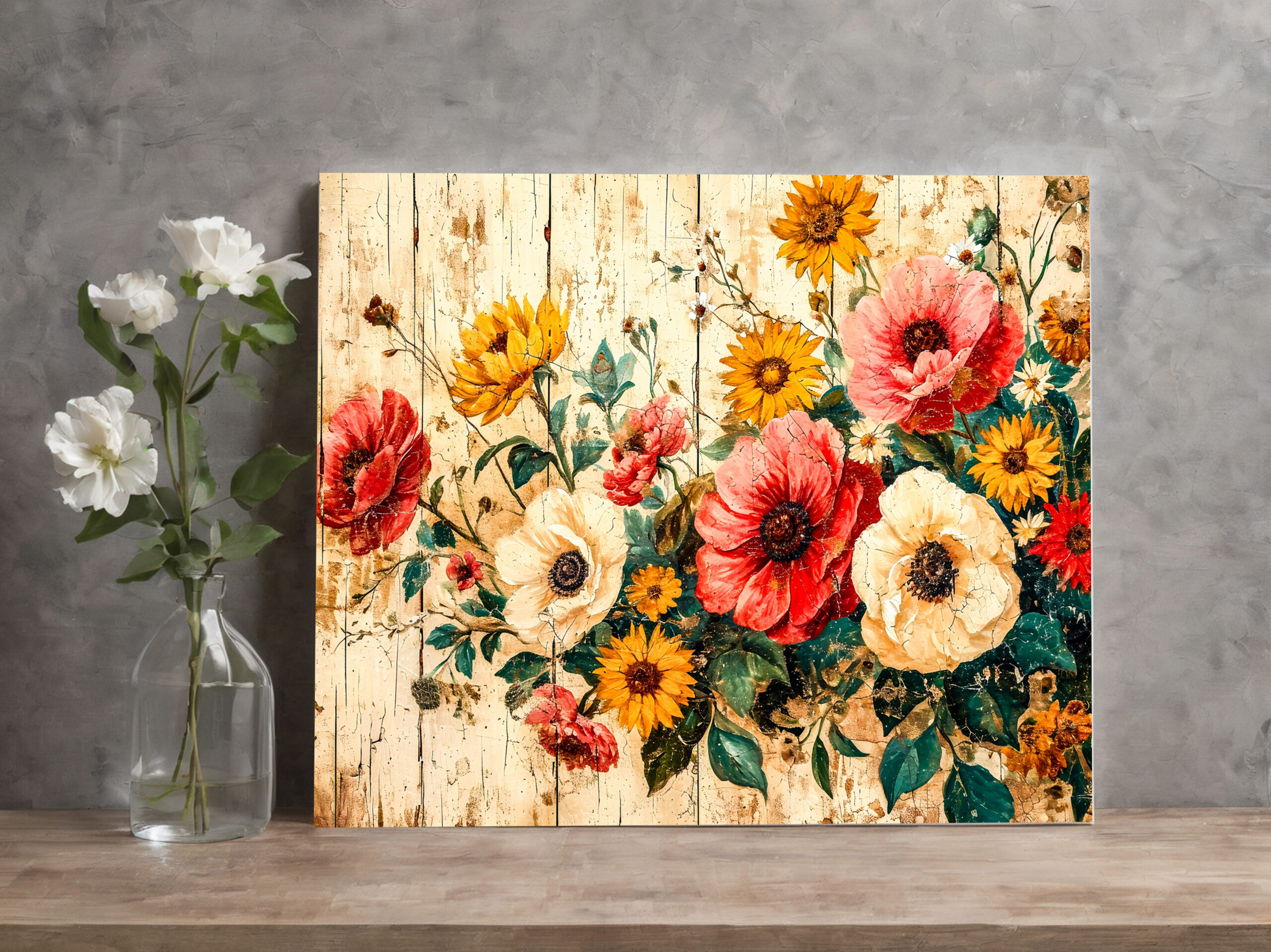 raxxa Canva: Wild Roses and Poppies on Rustic Wood