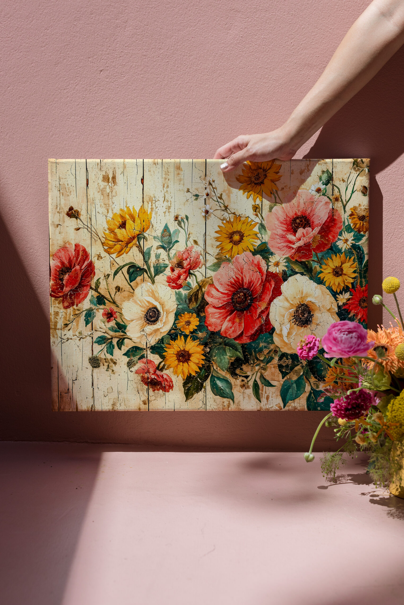 raxxa Canva: Wild Roses and Poppies on Rustic Wood - immagine 3