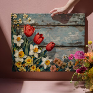 raxxa Canva: Red Tulips and Daffofils on Blue Wood