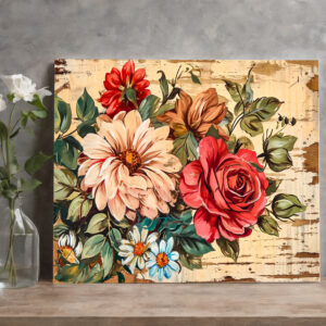 raxxa Canva: Dahlias and Roses on Cracked Wooden Wall